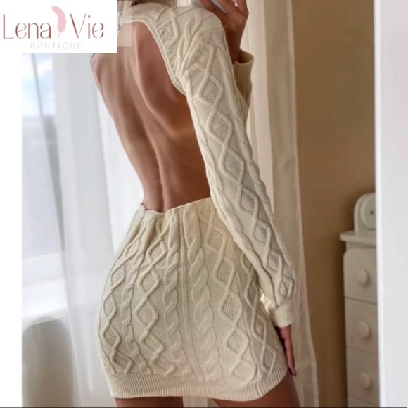 Lena Vie Dreamy Cable Knit Cream Open Back Sweater Dress, Miranda Knit Mini - Picture 8 of 16